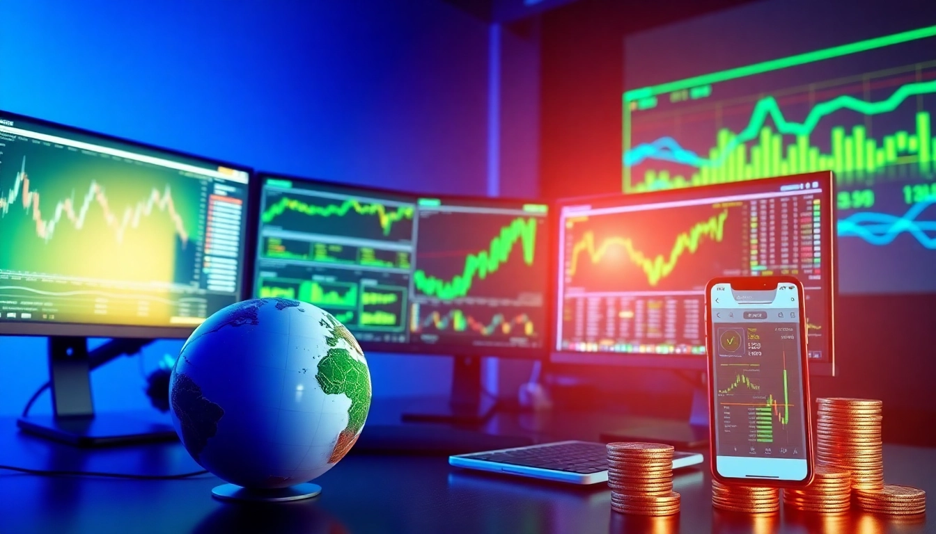 Explore the dynamic world of cfd trading at a modern trading desk with multiple screens and vibrant financial charts.