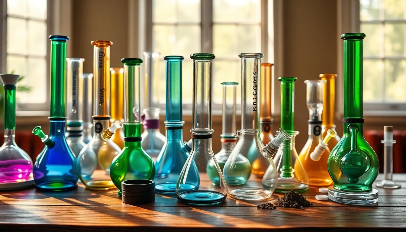 The vibrant bongs range from glass to acrylic, displayed artistically on a wooden table, inviting exploration.