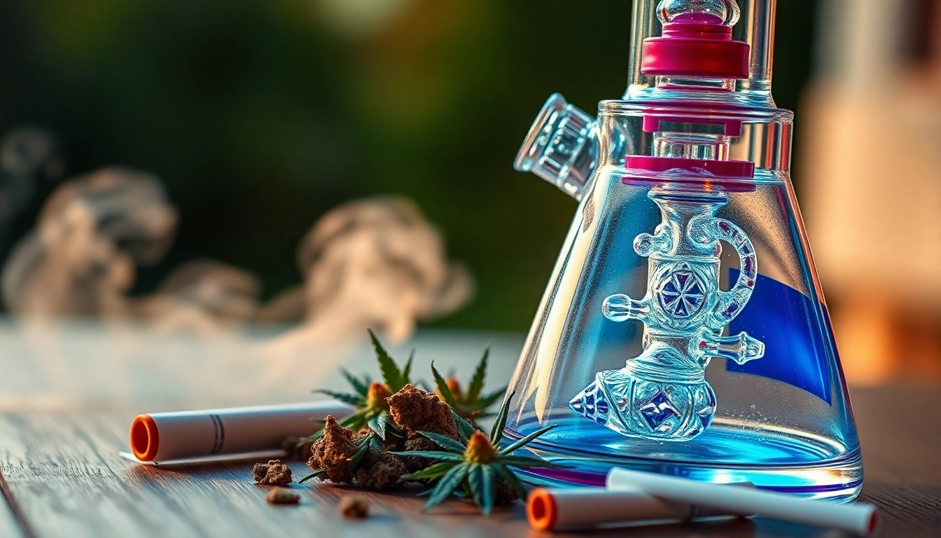 Explore a unique glass bong setup surrounded by fresh herbs and rolling papers.